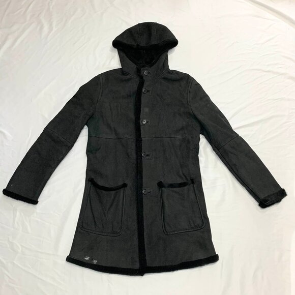 VTG 90s Comme Ça Collection Black Sheepskin Leather Hooded Long Coat Distressed - Picture 1 of 11